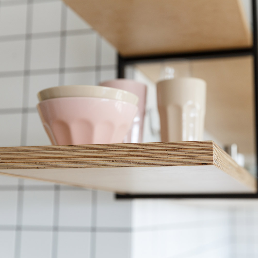Plywood shelf board in a kitchen