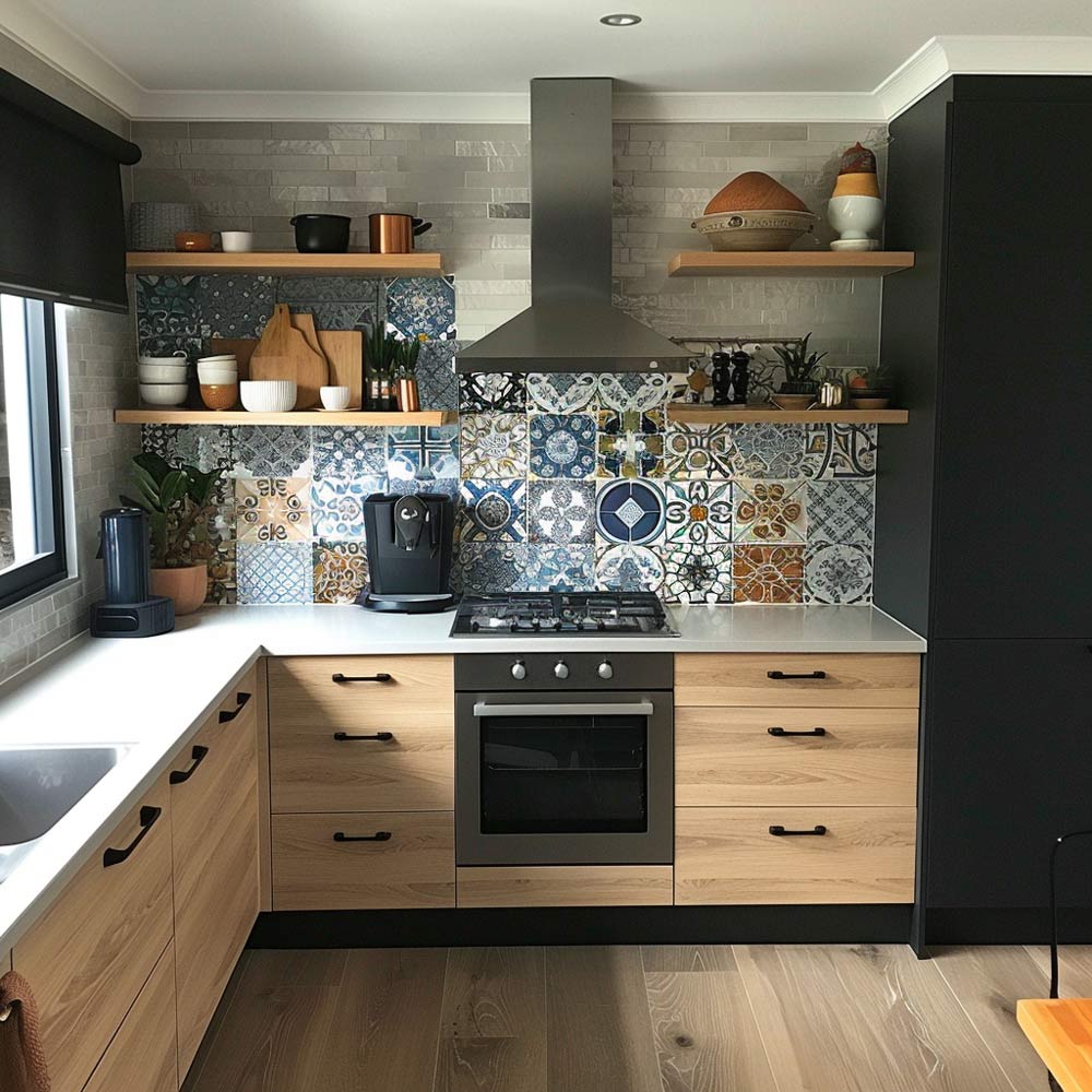 patterned tile splashback in kitchen