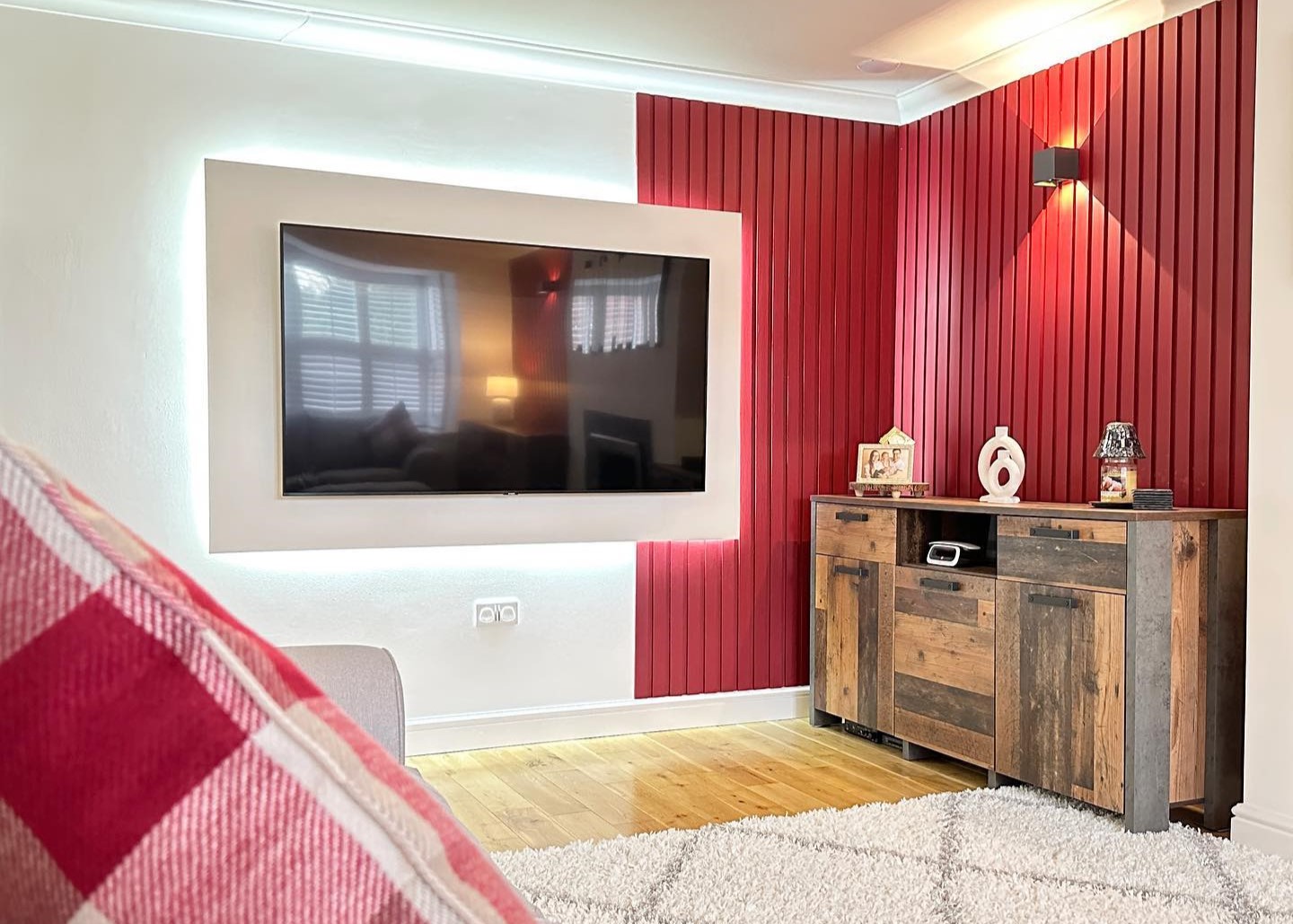 red tongue and groove media wall panel